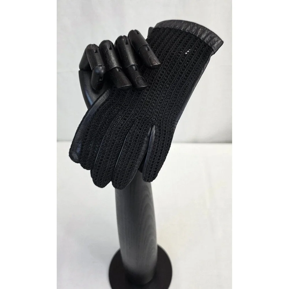 Vintage Style Black Crochet and Leather Driving Gloves Keyhole Back Mens Womens